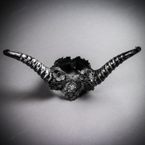 Gothic Demon Long Horn with Lace Head Piece - Black Silver